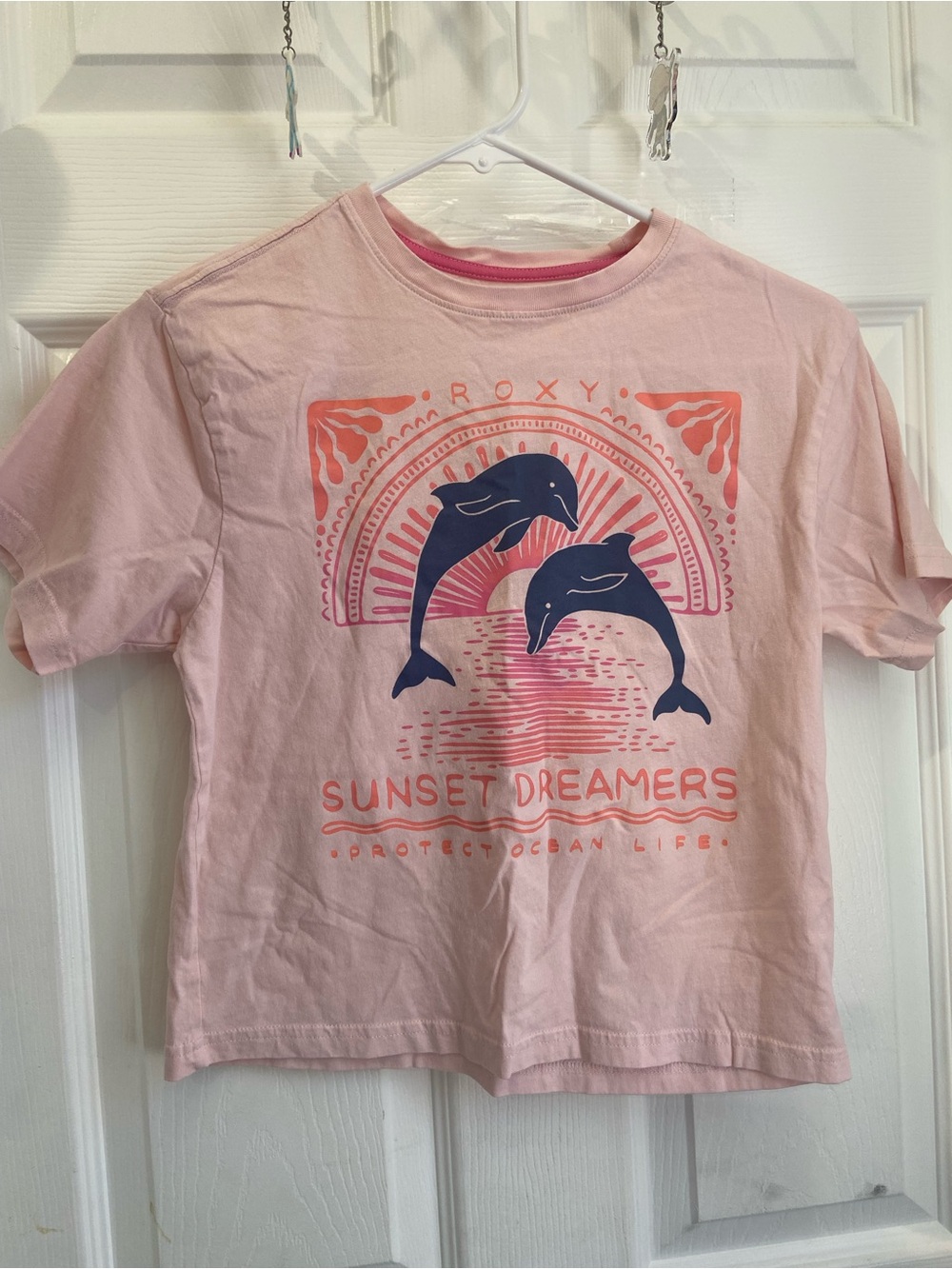 Roxy Pink Tee with Navy Dolphin Sunset Graphic